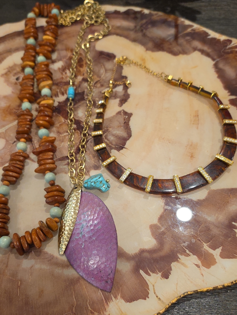 Bundle Of 3 Necklaces: Long Chicos, Kiam Family Choker, And Wooden Bead Necklace